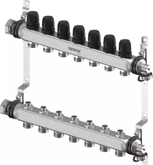 Verteiler aus Edelstahl mit mehreren Anschlussgewinden, ausgestattet mit Abdeckungen. Marke: Uponor. Gerät dient der Verteilung von Heizungs- oder Wasserleitungen.